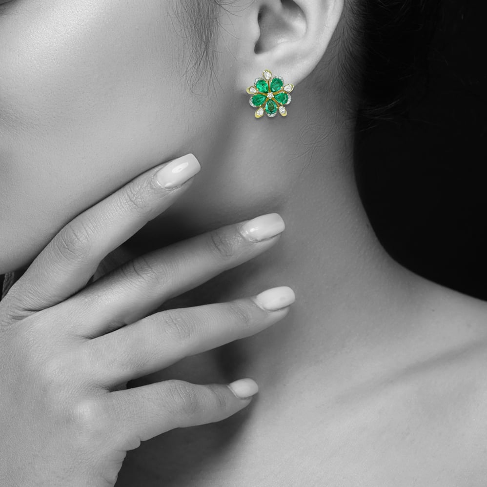 Floral Polki Stud Earrings with Emerald Petals and Diamonds